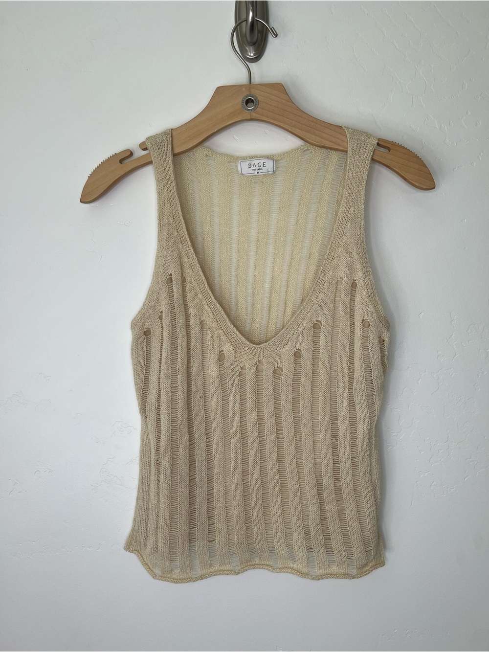 Sage The Label Open-Knit V-Neck Tank Top Distressed in Light Beige